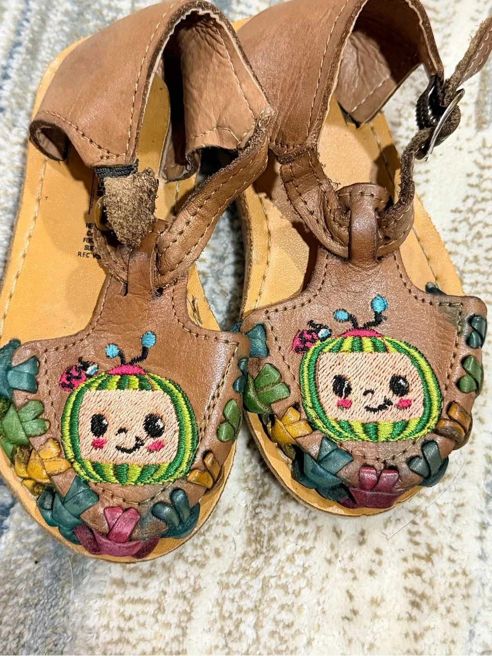 Girls Brown Embroidered Character Leather Sandals